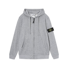Stone Island Heather Grey Arm Patch Full Zip Hooded Sweatshirt