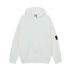 Stone Island Compass Badge White Zip Hooded Knit Cardigan