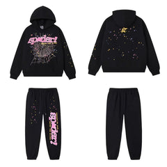 SP5DER Web Graphic Pullover Hoodie and Sweatpants Matching Set - Black / Pink