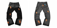 Gallery Dept Black Orange Cross Embroidered Jeans