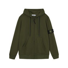 Stone Island Olive Green Arm Patch Full Zip Hooded Sweatshirt