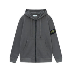 Stone Island Dark Grey Arm Patch Full Zip Hooded Sweatshirt