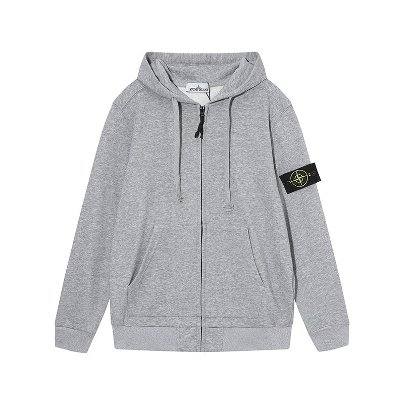 Stone Island Heather Grey Arm Patch Full Zip Hooded Sweatshirt