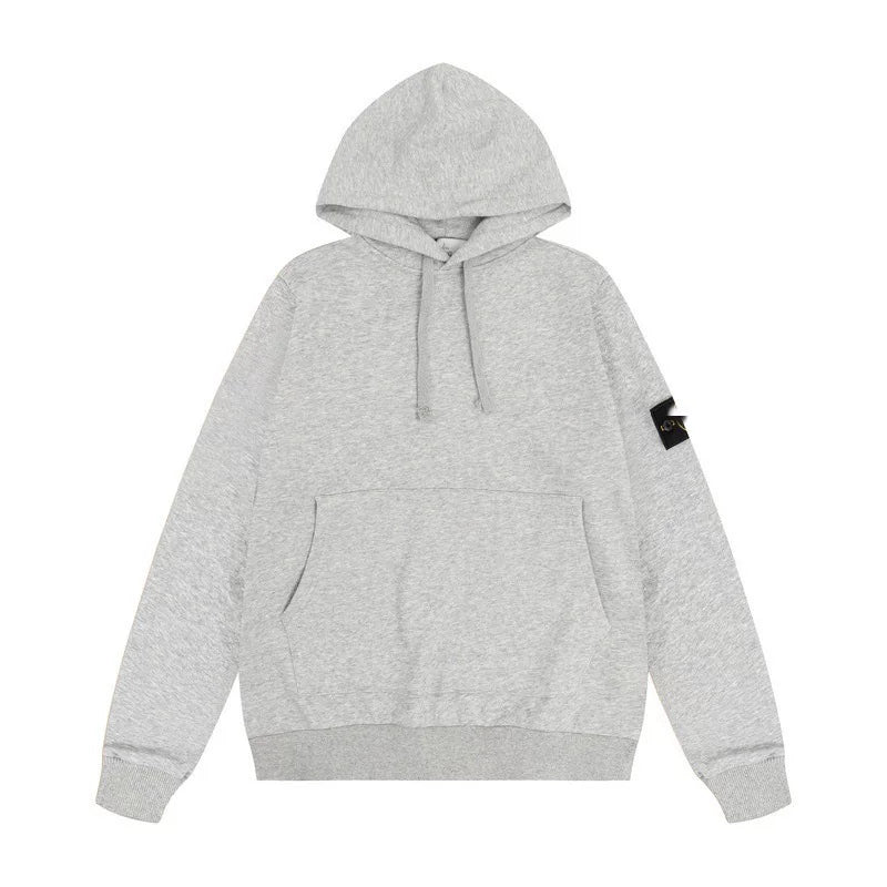 Stone Island Heather Grey Hoodie Arm Badge Pullover Hooded Sweatshirt Unisex Top