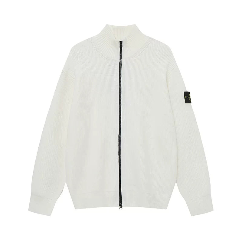 Stone Island Compass Badge White Zip Knit Cardigan