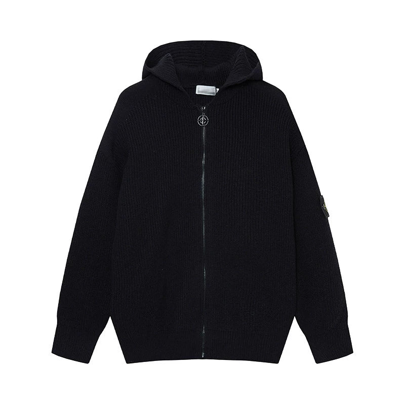 Stone Island Compass Badge Black Zip Hooded Knit Cardigan