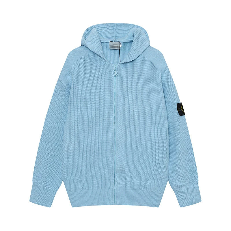 Stone Island Compass Badge Light Blue Zip Hooded Knit Cardigan