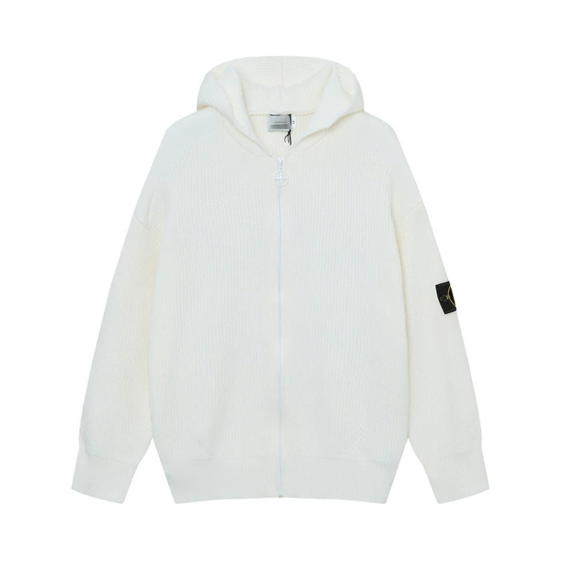 Stone Island Compass Badge White Zip Hooded Knit Cardigan