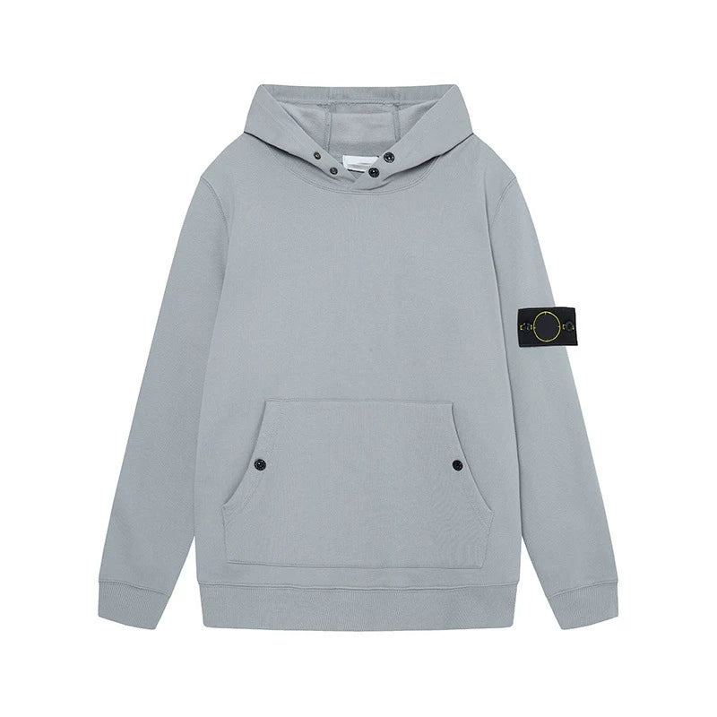 Stone Island Compass Badge Grey Button Hooded Sweatshirt