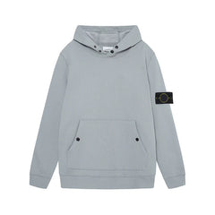 Stone Island Compass Badge Grey Button Hooded Sweatshirt