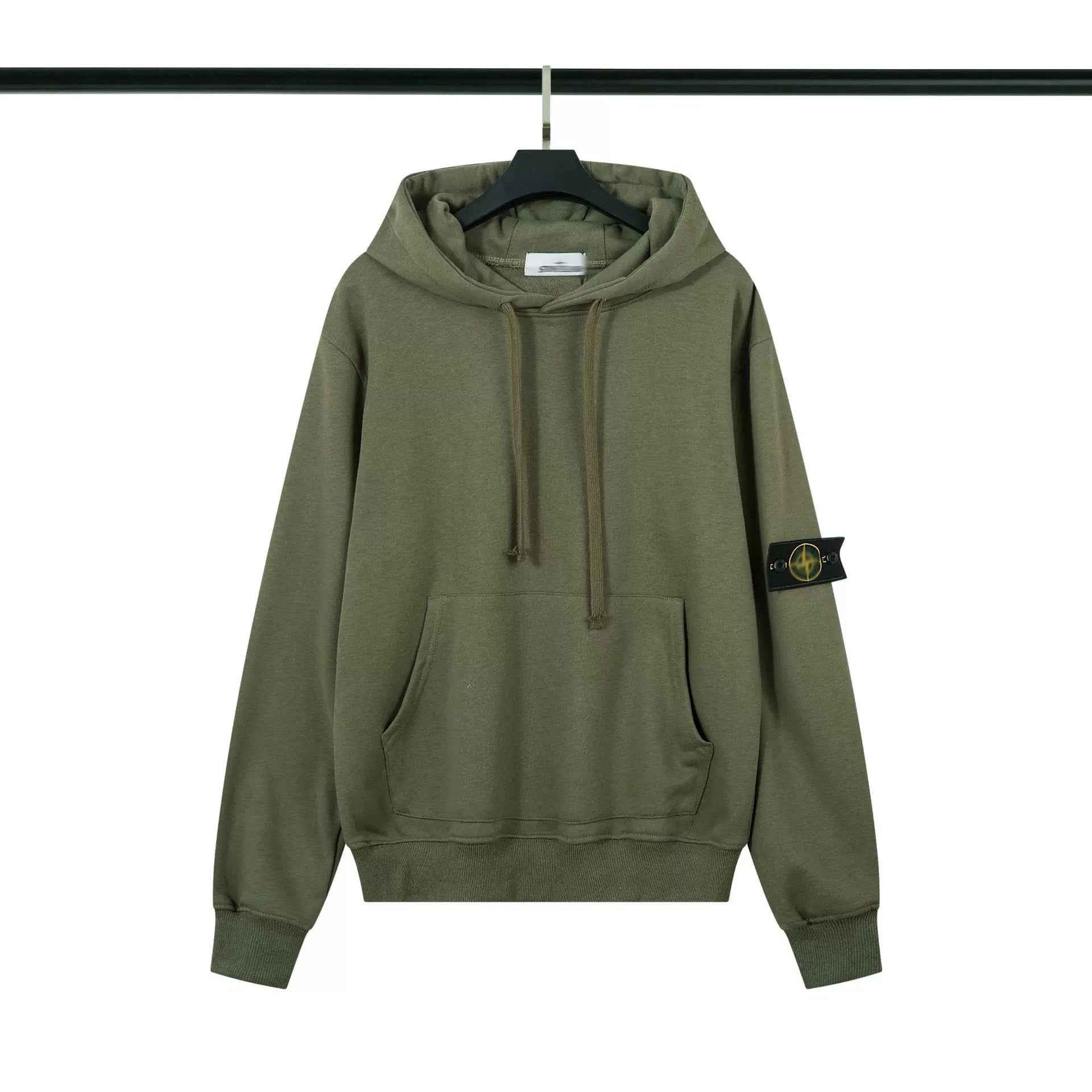 Stone Island Olive Green Hoodie Arm Badge Pullover Hooded Sweatshirt Unisex Top