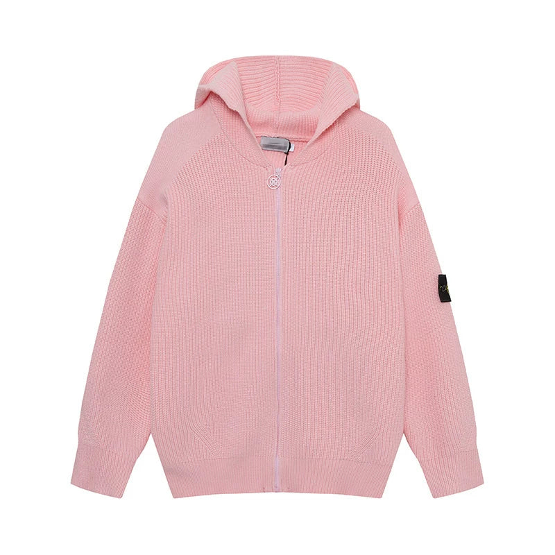 Stone Island Compass Badge Pink Zip Hooded Knit Cardigan