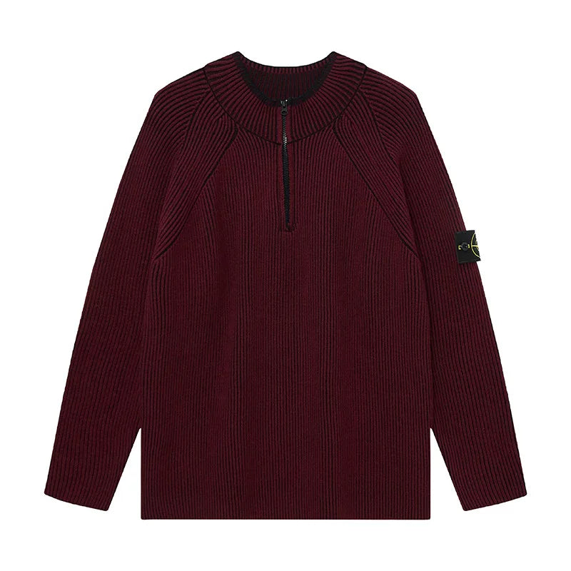 Stone Island Compass Badge Burgundy Half Zip Knit Sweater