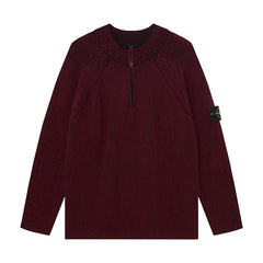 Stone Island Compass Badge Burgundy Half Zip Knit Sweater