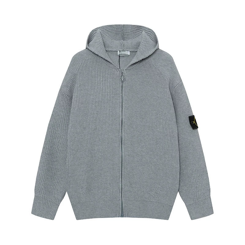 Stone Island Compass Badge Grey Zip Hooded Knit Cardigan