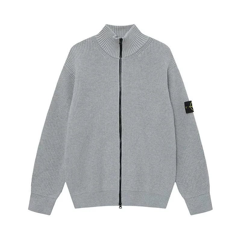 Stone Island Compass Badge Silver Grey Zip Knit Cardigan