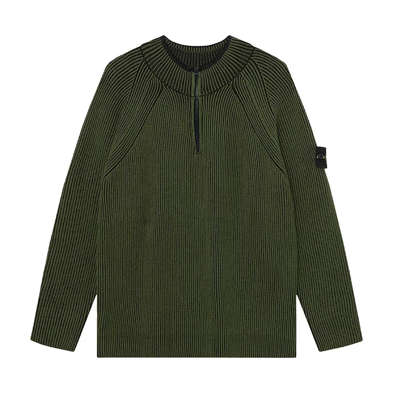 Stone Island Compass Badge Army Green Half Zip Knit Sweater