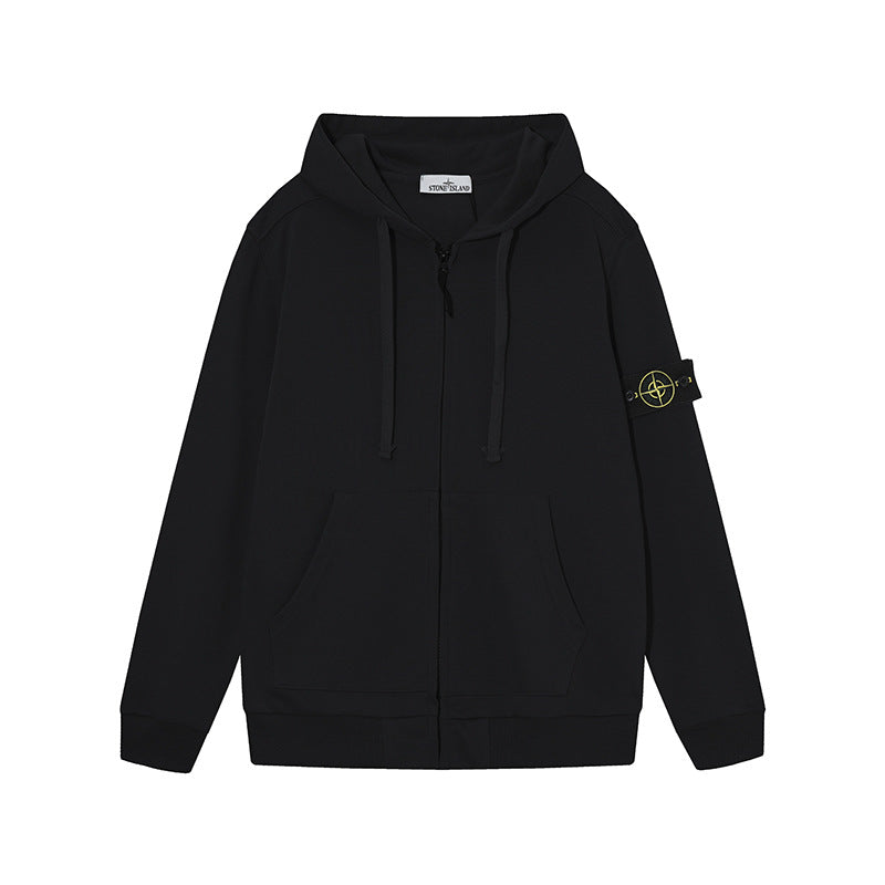 Stone Island Black Arm Patch Full Zip Hooded Sweatshirt