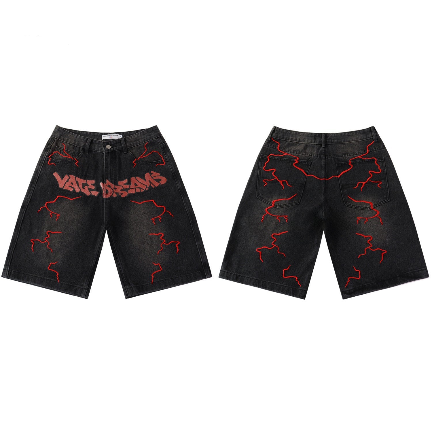 Vale Dreams Red Lightning Embroidered Black Faded Denim Jorts