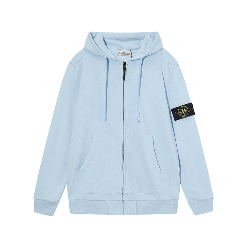 Stone Island Light Blue Arm Patch Full Zip Hooded Sweatshirt