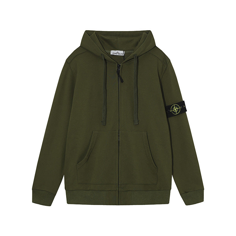 Stone Island Olive Green Arm Patch Full Zip Hooded Sweatshirt