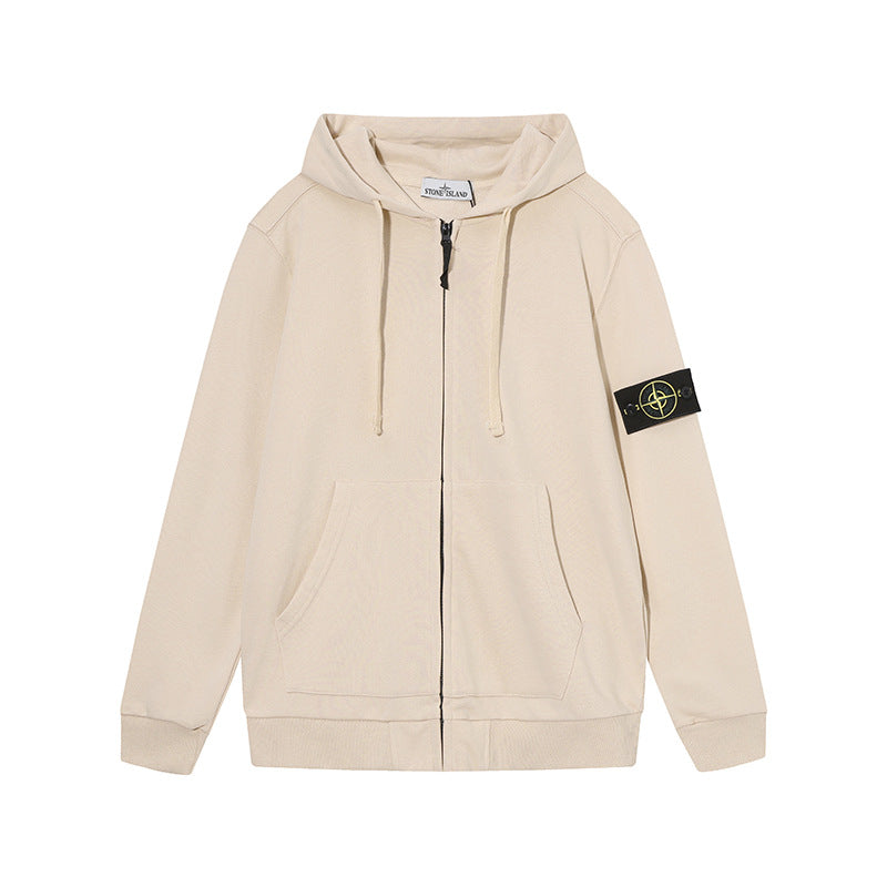 Stone Island Beige Arm Patch Full Zip Hooded Sweatshirt