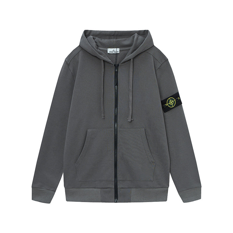 Stone Island Dark Grey Arm Patch Full Zip Hooded Sweatshirt